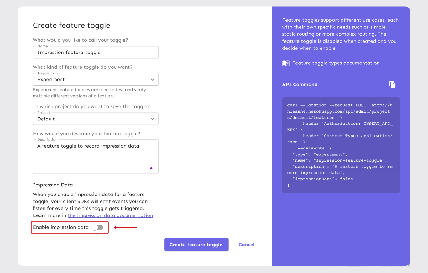 The create feature flag form. There&#39;s a flag at the end of the form that enables or disables impression data. It&#39;s labeled &quot;impression data&quot;.