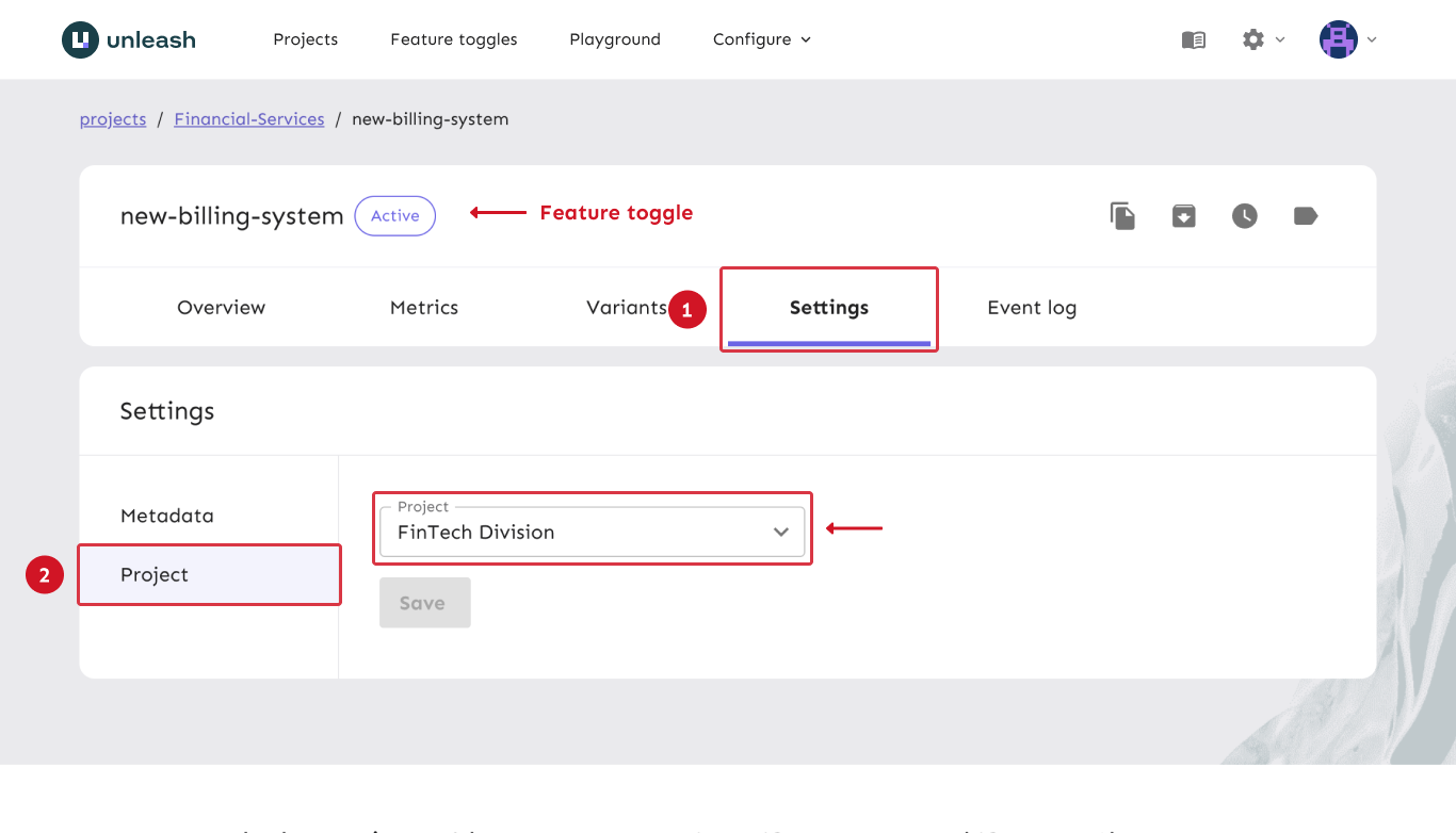 A feature flag&#39;s settings tab. The project setting shows a dropdown to change projects.